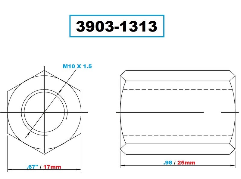 VERTEX 3903-1313 M10 X 1.5 25mm Long Coupling Nut - Image 3